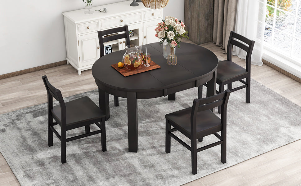 Farmhouse 5 Piece Extendable Round Dining Table Set With Storage Drawers And 4 Dining Chairs,16" Removable Leaf, Espresso Espresso Wood Dining Room Extendable Rubberwood Round Dining Table With Chair Wood Wood Espresso Ladder Back Seats 4 42 Inches