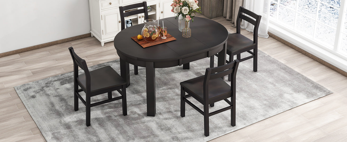 Farmhouse 5 Piece Extendable Round Dining Table Set With Storage Drawers And 4 Dining Chairs,16" Removable Leaf, Espresso Espresso Wood Dining Room Extendable Rubberwood Round Dining Table With Chair Wood Wood Espresso Ladder Back Seats 4 42 Inches