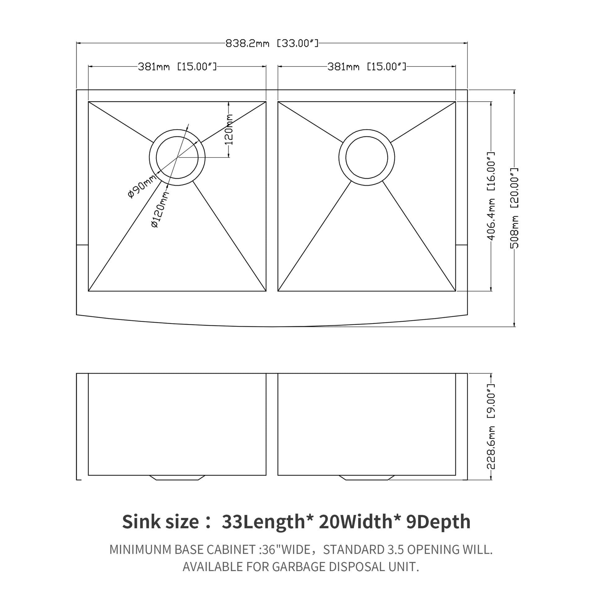 Double Bowl 50 50 Farmhouse Sink 33"X20"X9"Stainless Steel Apron Front Kitchen Sink 18 Gauge With Two 9" Deep Basin Brushed Nickel Stainless Steel