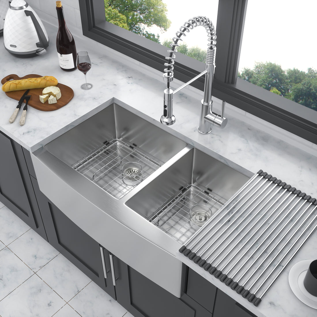 Double Bowl 60 40 Farmhouse Sink 33"X21"X10" Stainless Steel Apron Front Kitchen Sink 16 Gauge With Two 10" Deep Basin Brushed Nickel Stainless Steel