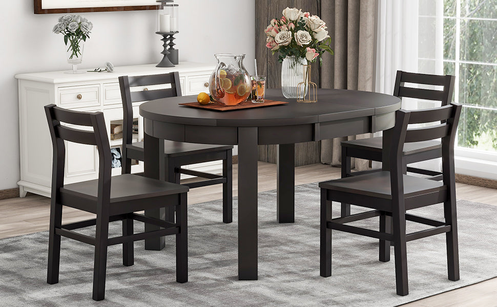 Farmhouse 5 Piece Extendable Round Dining Table Set With Storage Drawers And 4 Dining Chairs,16" Removable Leaf, Espresso Espresso Wood Dining Room Extendable Rubberwood Round Dining Table With Chair Wood Wood Espresso Ladder Back Seats 4 42 Inches