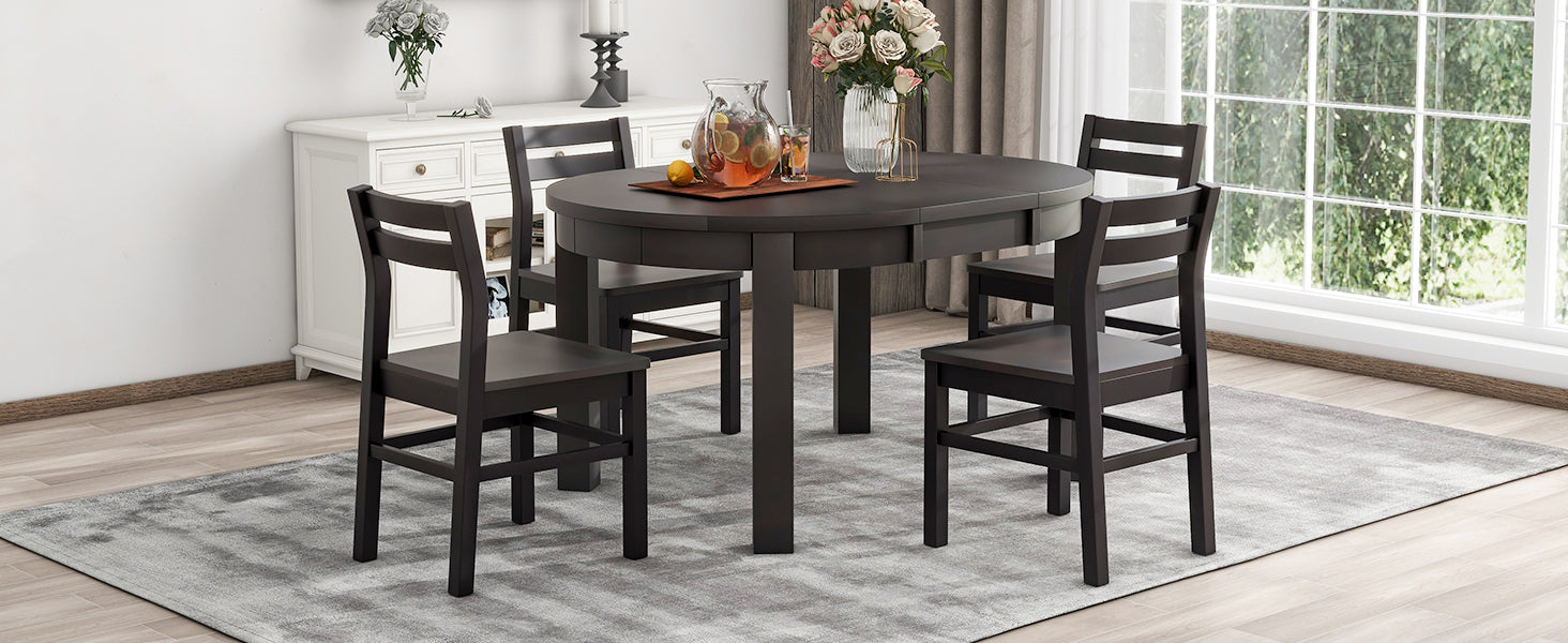 Farmhouse 5 Piece Extendable Round Dining Table Set With Storage Drawers And 4 Dining Chairs,16" Removable Leaf, Espresso Espresso Wood Dining Room Extendable Rubberwood Round Dining Table With Chair Wood Wood Espresso Ladder Back Seats 4 42 Inches