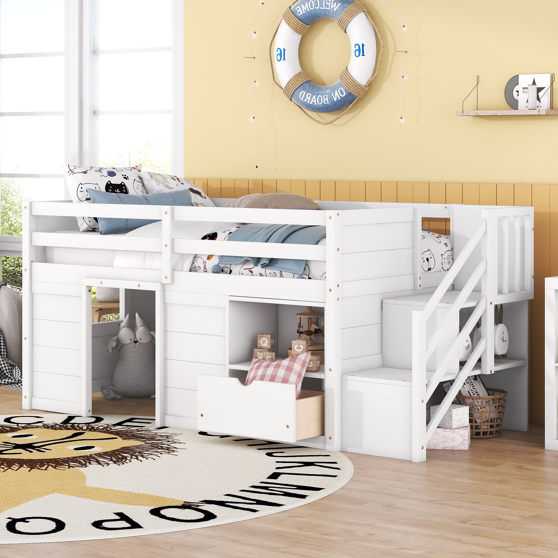 Twin Bed, Solid Wood Twin Size Low Loft Bed With Stair, Drawer, And Shelf Of White Color Twin White Pine