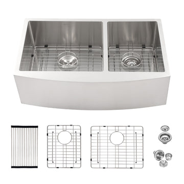 Double Bowl 60 40 Farmhouse Sink 33"X21"X10" Stainless Steel Apron Front Kitchen Sink 16 Gauge With Two 10" Deep Basin Brushed Nickel Stainless Steel