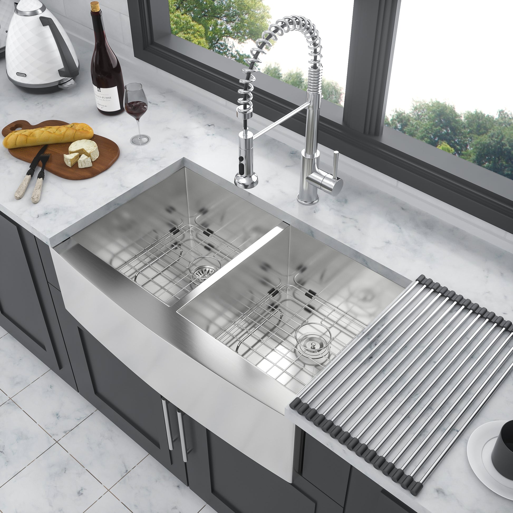 Double Bowl 50 50 Farmhouse Sink 33"X20"X9"Stainless Steel Apron Front Kitchen Sink 18 Gauge With Two 9" Deep Basin Brushed Nickel Stainless Steel