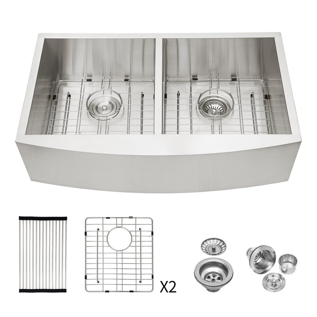 Double Bowl 50 50 Farmhouse Sink 33"X20"X9"Stainless Steel Apron Front Kitchen Sink 18 Gauge With Two 9" Deep Basin Brushed Nickel Stainless Steel