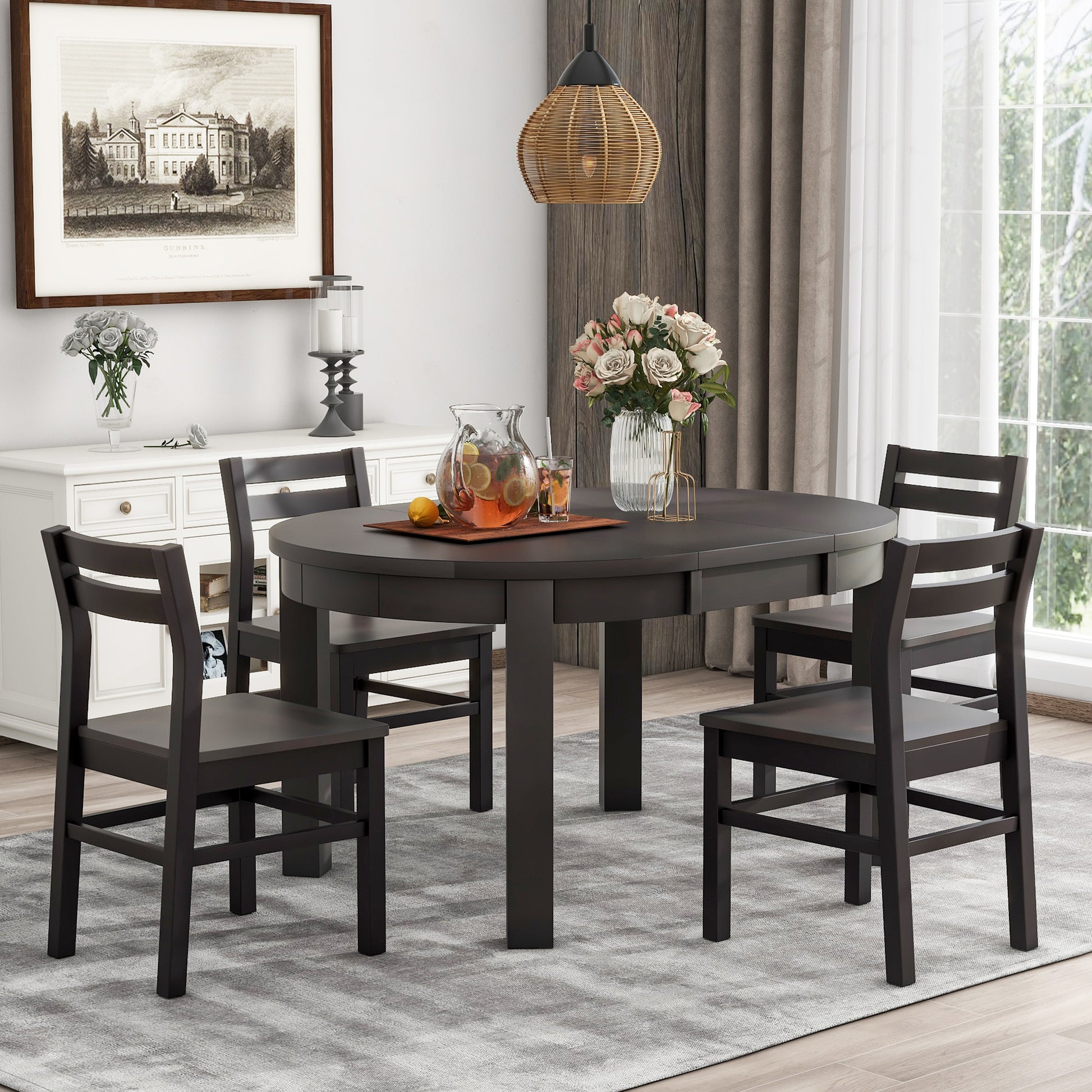 Farmhouse 5 Piece Extendable Round Dining Table Set With Storage Drawers And 4 Dining Chairs,16" Removable Leaf, Espresso Espresso Wood Dining Room Extendable Rubberwood Round Dining Table With Chair Wood Wood Espresso Ladder Back Seats 4 42 Inches