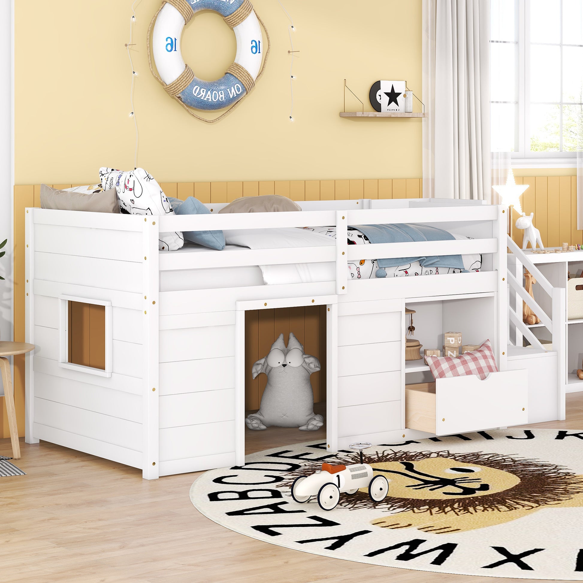 Twin Bed, Solid Wood Twin Size Low Loft Bed With Stair, Drawer, And Shelf Of White Color Twin White Pine