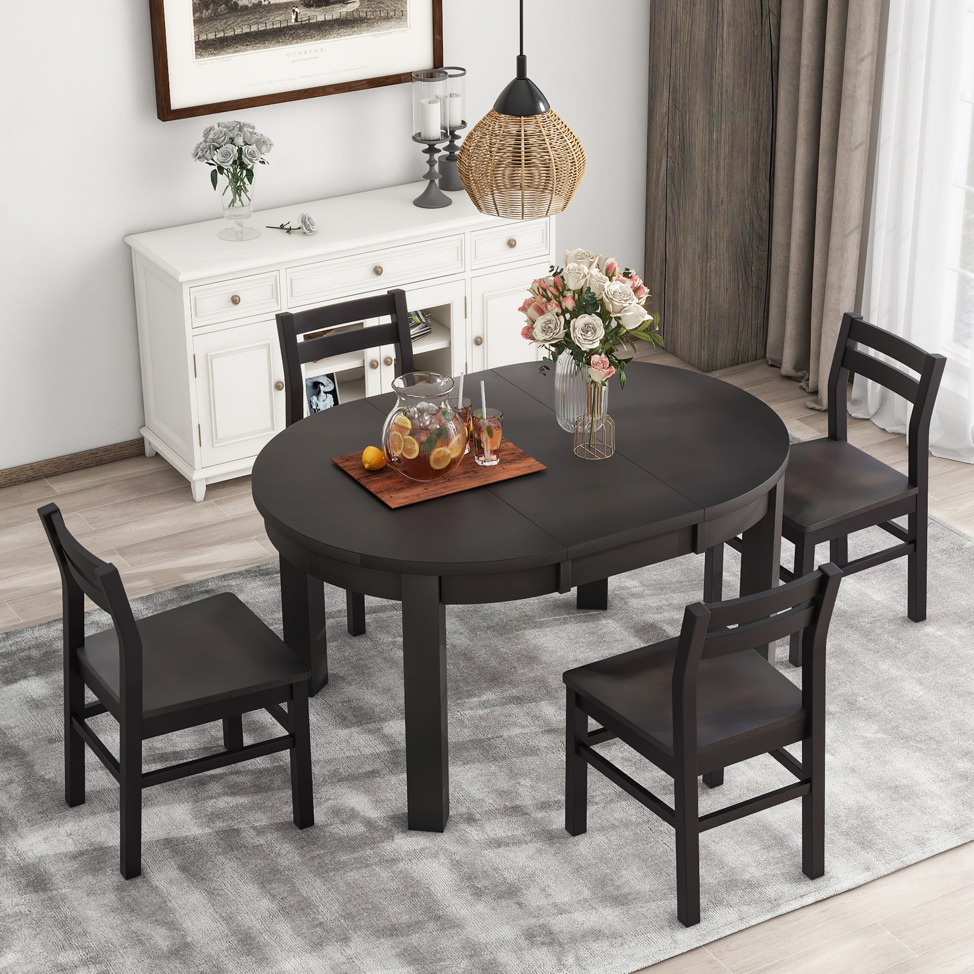 Farmhouse 5 Piece Extendable Round Dining Table Set With Storage Drawers And 4 Dining Chairs,16" Removable Leaf, Espresso Espresso Wood Dining Room Extendable Rubberwood Round Dining Table With Chair Wood Wood Espresso Ladder Back Seats 4 42 Inches