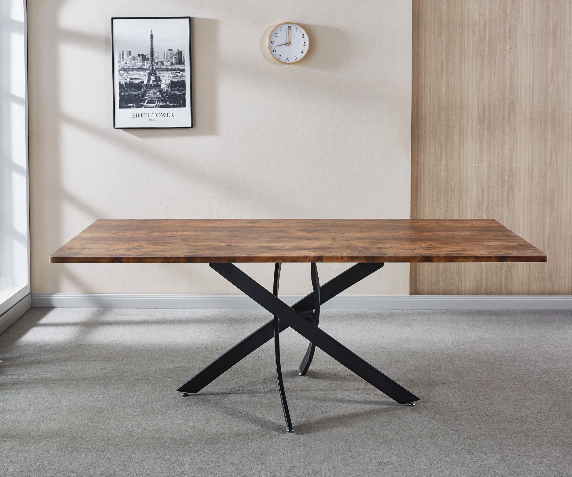 Rectangle Mdf Dining Table, Printed Walnut Table Top And Black Metal Base Walnut Mdf