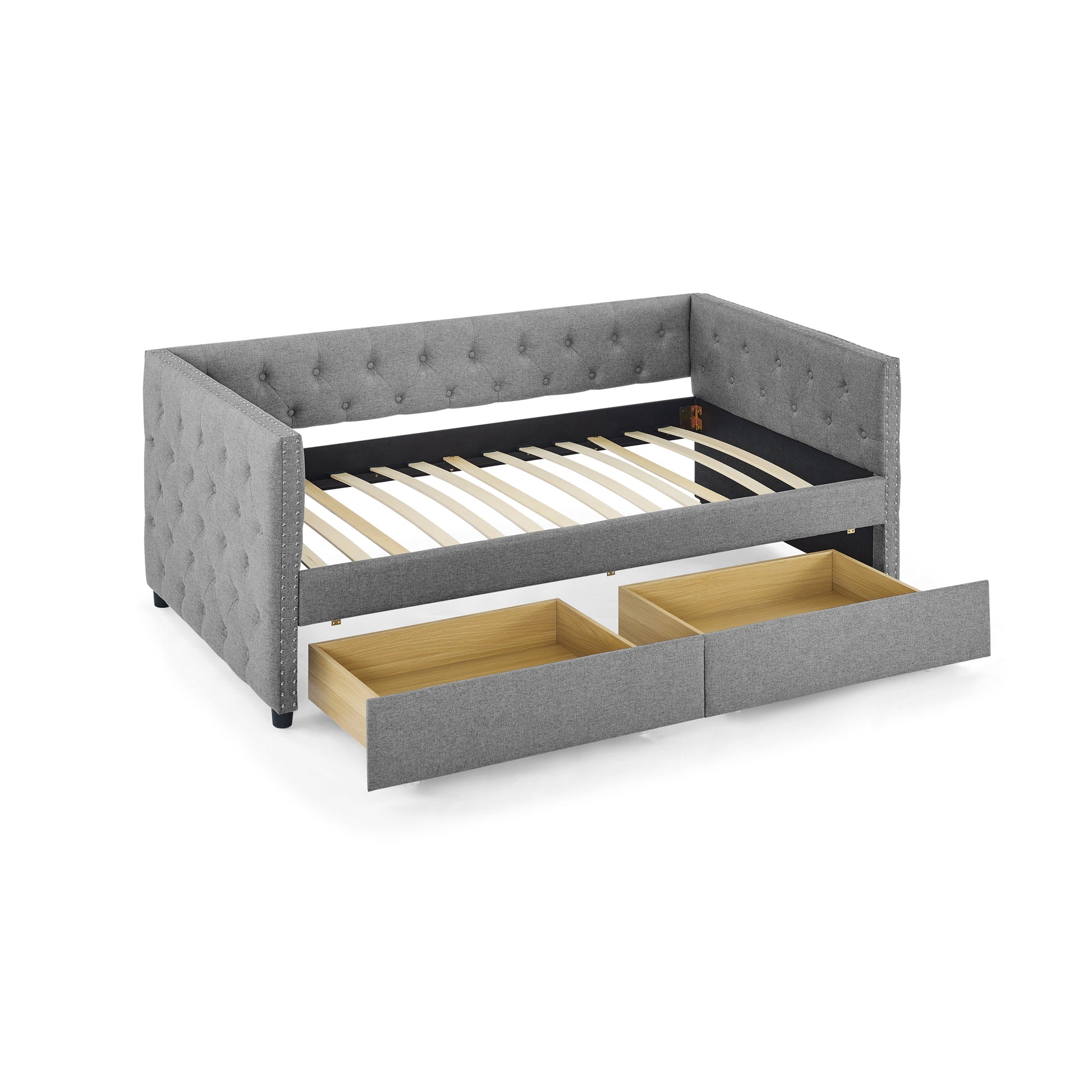 Upholstered Twin Size Daybed With Two Drawers, With Button And Copper Nail On Square Arms, Grey 82.75''X43''X30.75'' Box Spring Not Required Twin Grey Composite Bedroom Classic,Contemporary,Luxury,Modern,Traditional Linen Linen