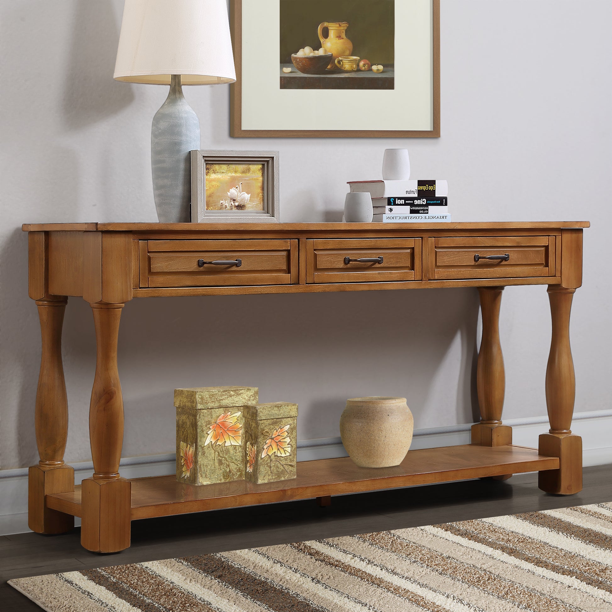 63Inch Long Wood Console Table With 3 Drawers And 1 Bottom Shelf For Entryway Hallway Easy Assembly Extra Thick Sofa Table Brown Brown Distressed Finish Primary Living Space American Design Pine Drawers Console Tables Pine