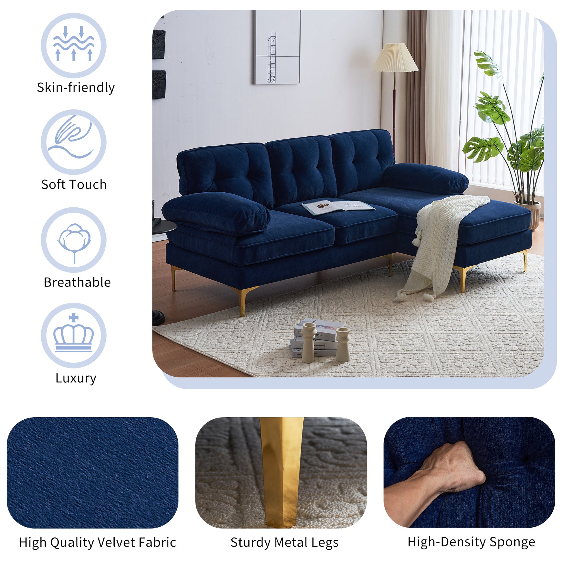 83" Modern Sectional Sofas Couches Velvet L Shaped Couches For Living Room, Bedroom, Blue Blue Foam Velvet