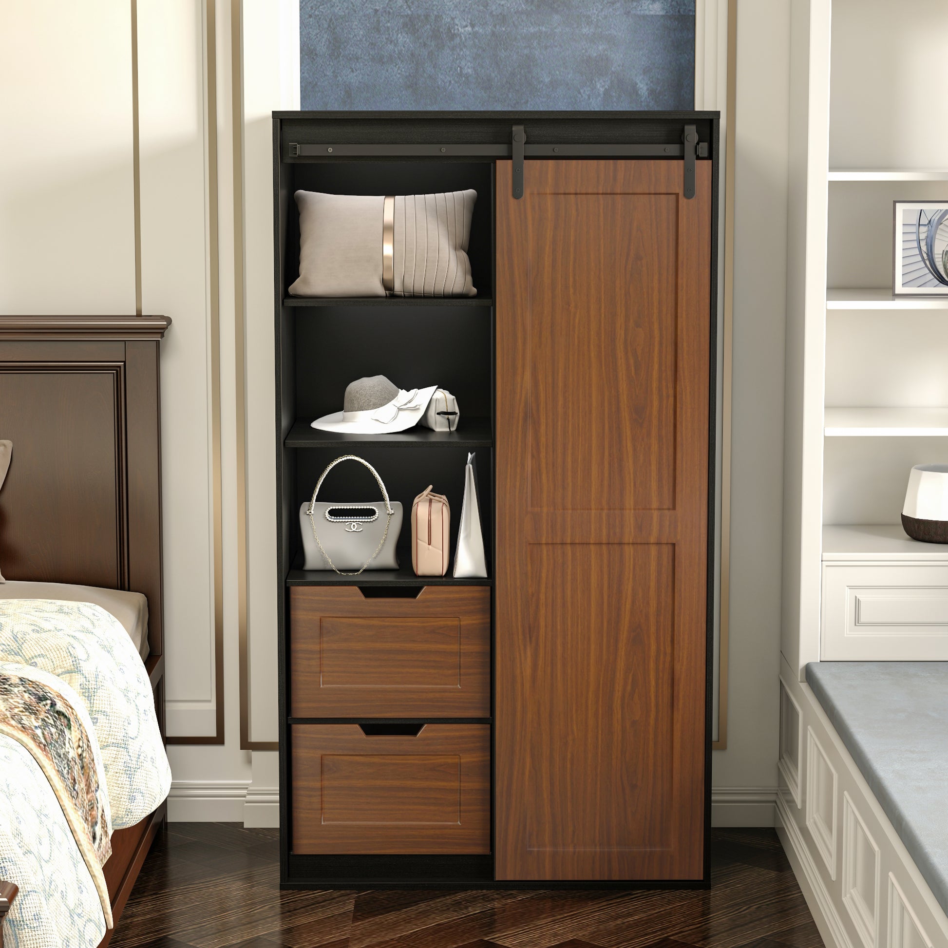 71 Inch Closets,Large Closetslaundry Cabinets,Plastic Suction Process,Farmslide Barndoors,Saveopenspace,Brand Hardware,Silent Slide,Can Be Used For The Bedroom,Cloakroom,Livingroom,Color:Black Brown 5 Or More Spaces Black Brown Brown Drawers Included