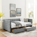 Upholstered Twin Size Daybed With Two Drawers, With Button And Copper Nail On Square Arms, Grey 82.75''X43''X30.75'' Box Spring Not Required Twin Grey Composite Bedroom Classic,Contemporary,Luxury,Modern,Traditional Linen Linen