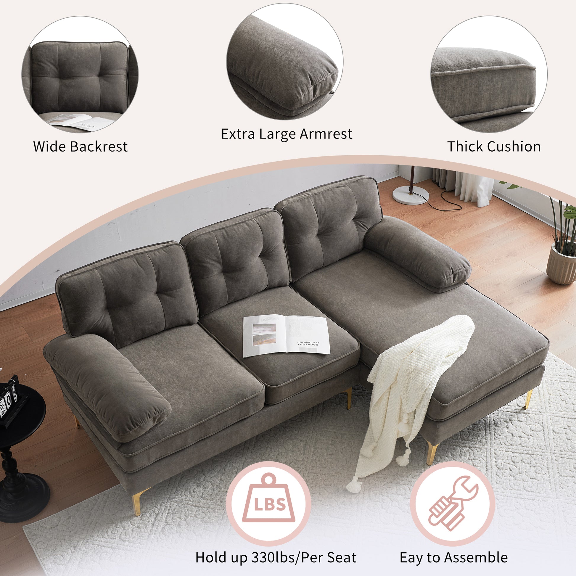 83" Modern Sectional Sofas Couches Velvet L Shaped Couches For Living Room, Bedroom, Brown Brown Foam Velvet