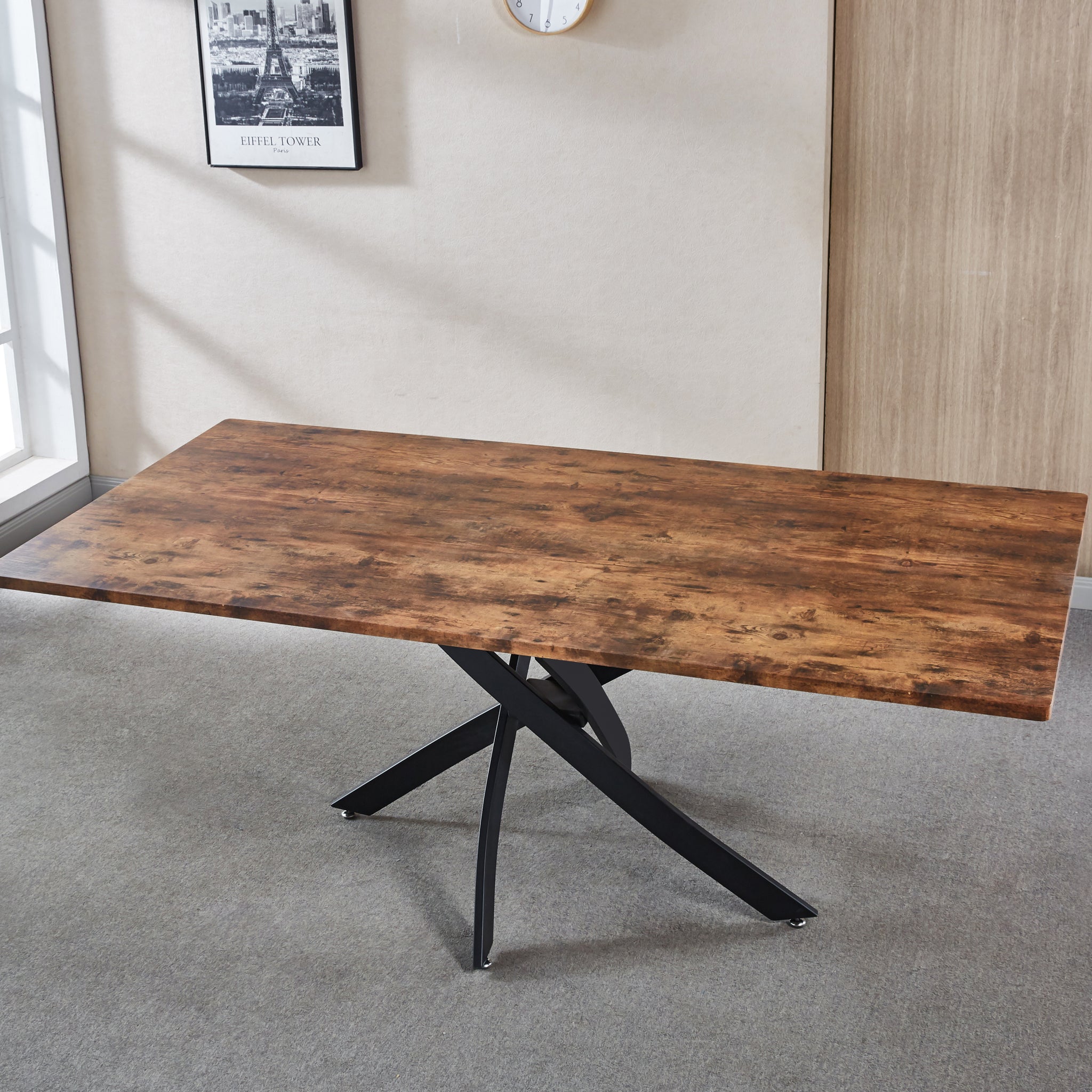 Rectangle Mdf Dining Table, Printed Walnut Table Top And Black Metal Base Walnut Mdf