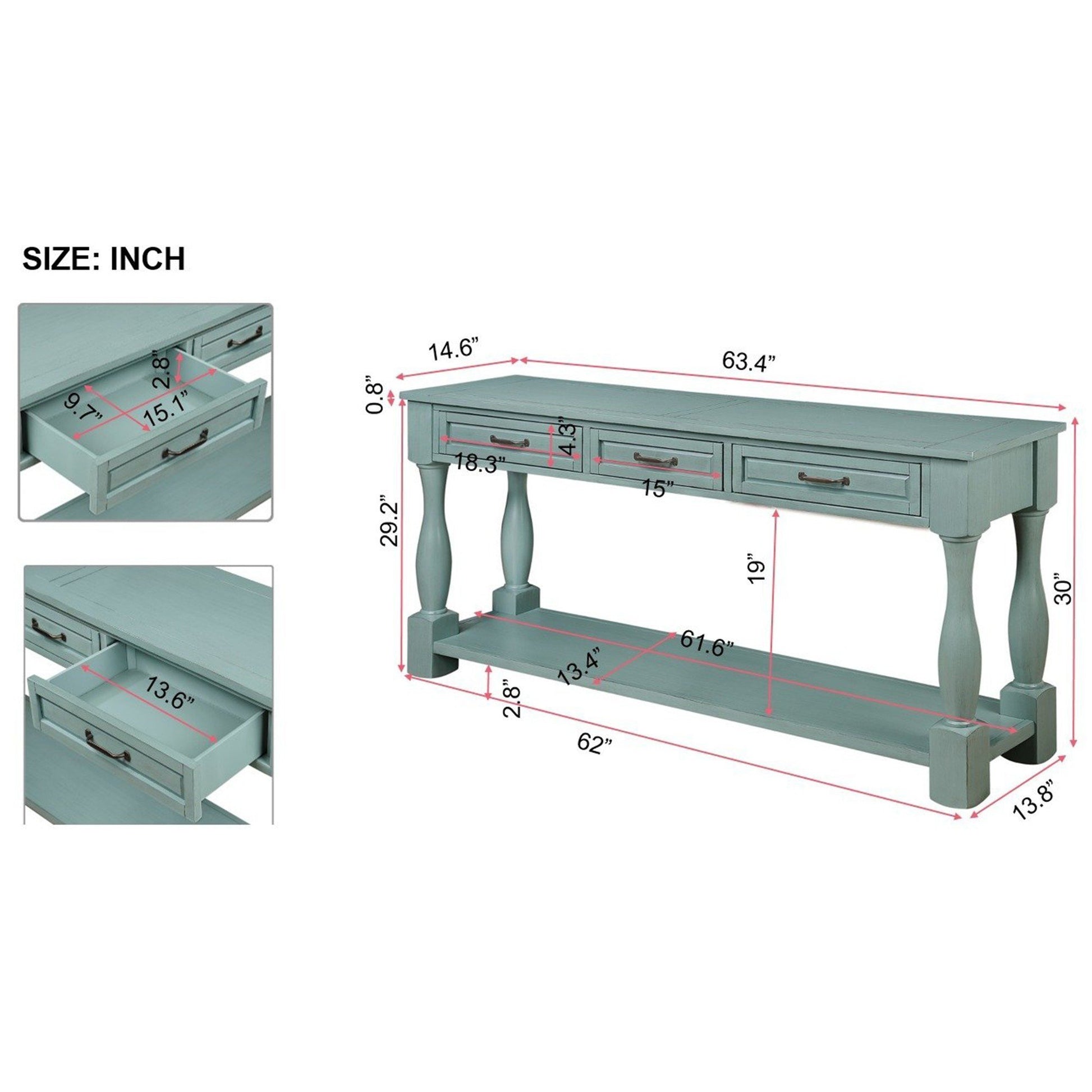 63Inch Long Wood Console Table With 3 Drawers And 1 Bottom Shelf For Entryway Hallway Easy Assembly Extra Thick Sofa Table Retro Blue Retro Blue Distressed Finish Primary Living Space American Design Pine Drawers Console Tables Pine