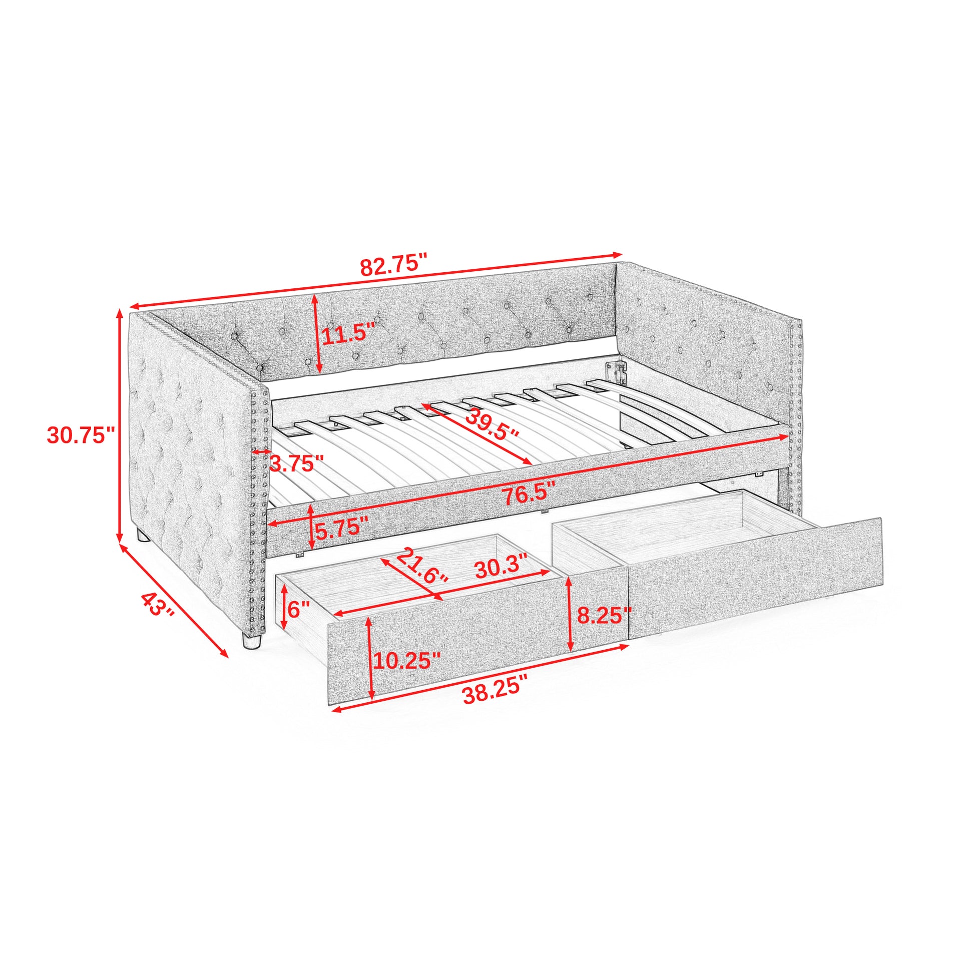 Upholstered Twin Size Daybed With Two Drawers, With Button And Copper Nail On Square Arms, Beige 82.75''X43''X30.75'' Box Spring Not Required Twin Beige Composite Bedroom Classic,Contemporary,Luxury,Modern,Traditional Linen Linen