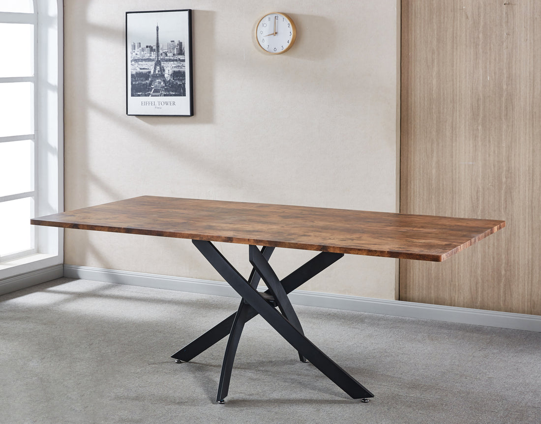 Rectangle Mdf Dining Table, Printed Walnut Table Top And Black Metal Base Walnut Mdf