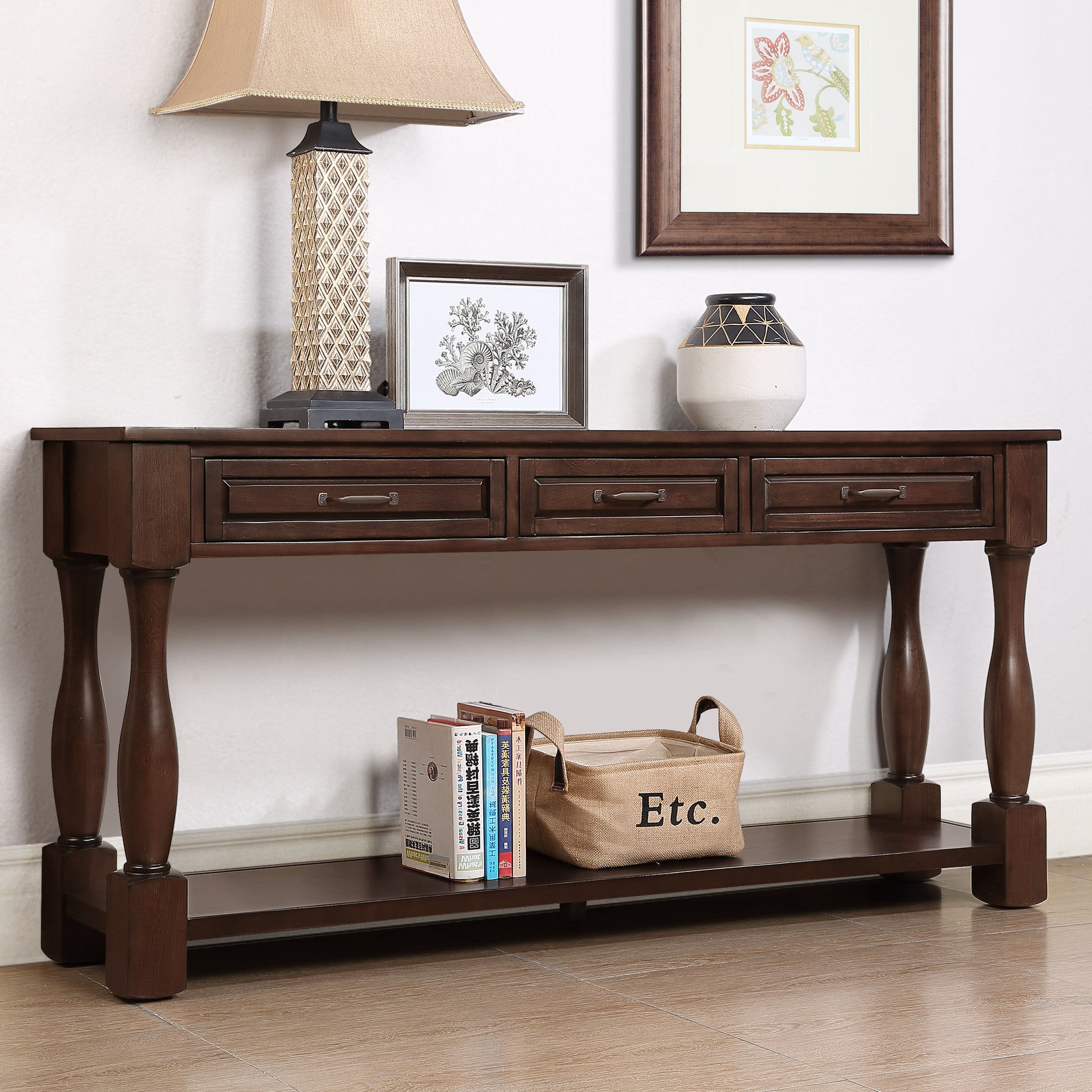 63Inch Long Wood Console Table With 3 Drawers And 1 Bottom Shelf For Entryway Hallway Easy Assembly Extra Thick Sofa Table Light Espresso Espresso Distressed Finish Primary Living Space American Design Pine Drawers Console Tables Pine