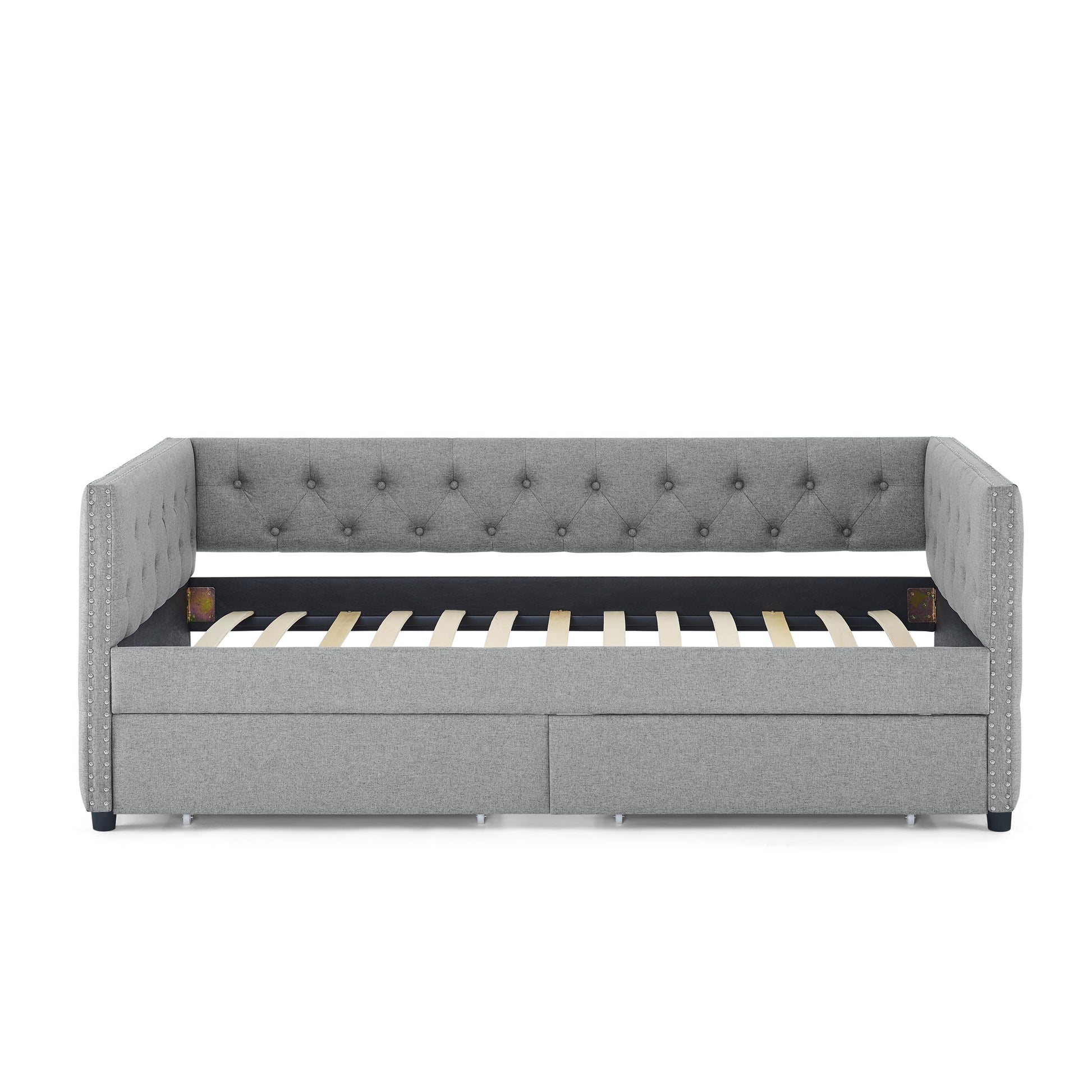 Upholstered Twin Size Daybed With Two Drawers, With Button And Copper Nail On Square Arms, Grey 82.75''X43''X30.75'' Box Spring Not Required Twin Grey Composite Bedroom Classic,Contemporary,Luxury,Modern,Traditional Linen Linen