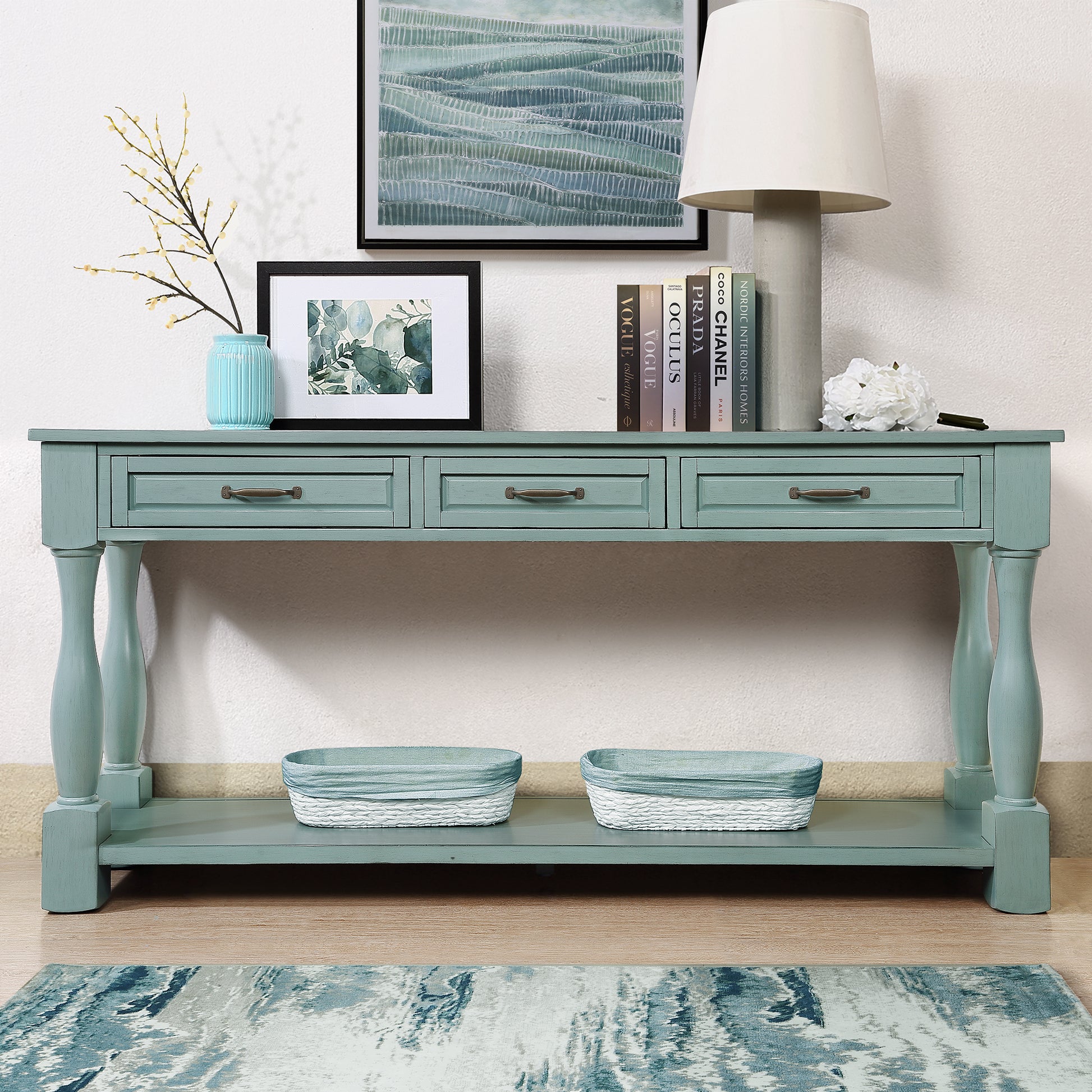 63Inch Long Wood Console Table With 3 Drawers And 1 Bottom Shelf For Entryway Hallway Easy Assembly Extra Thick Sofa Table Retro Blue Retro Blue Distressed Finish Primary Living Space American Design Pine Drawers Console Tables Pine