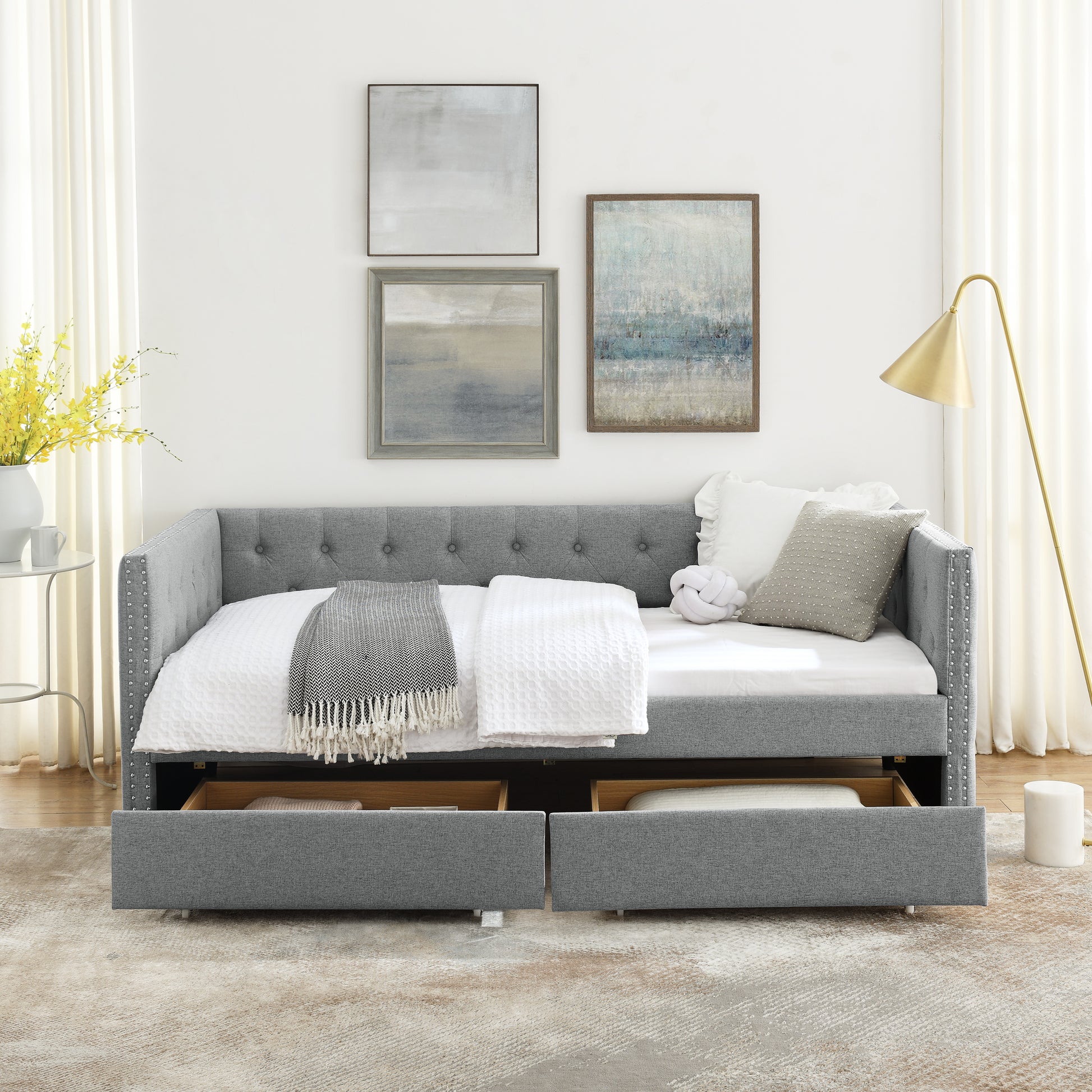 Upholstered Twin Size Daybed With Two Drawers, With Button And Copper Nail On Square Arms, Grey 82.75''X43''X30.75'' Box Spring Not Required Twin Grey Composite Bedroom Classic,Contemporary,Luxury,Modern,Traditional Linen Linen