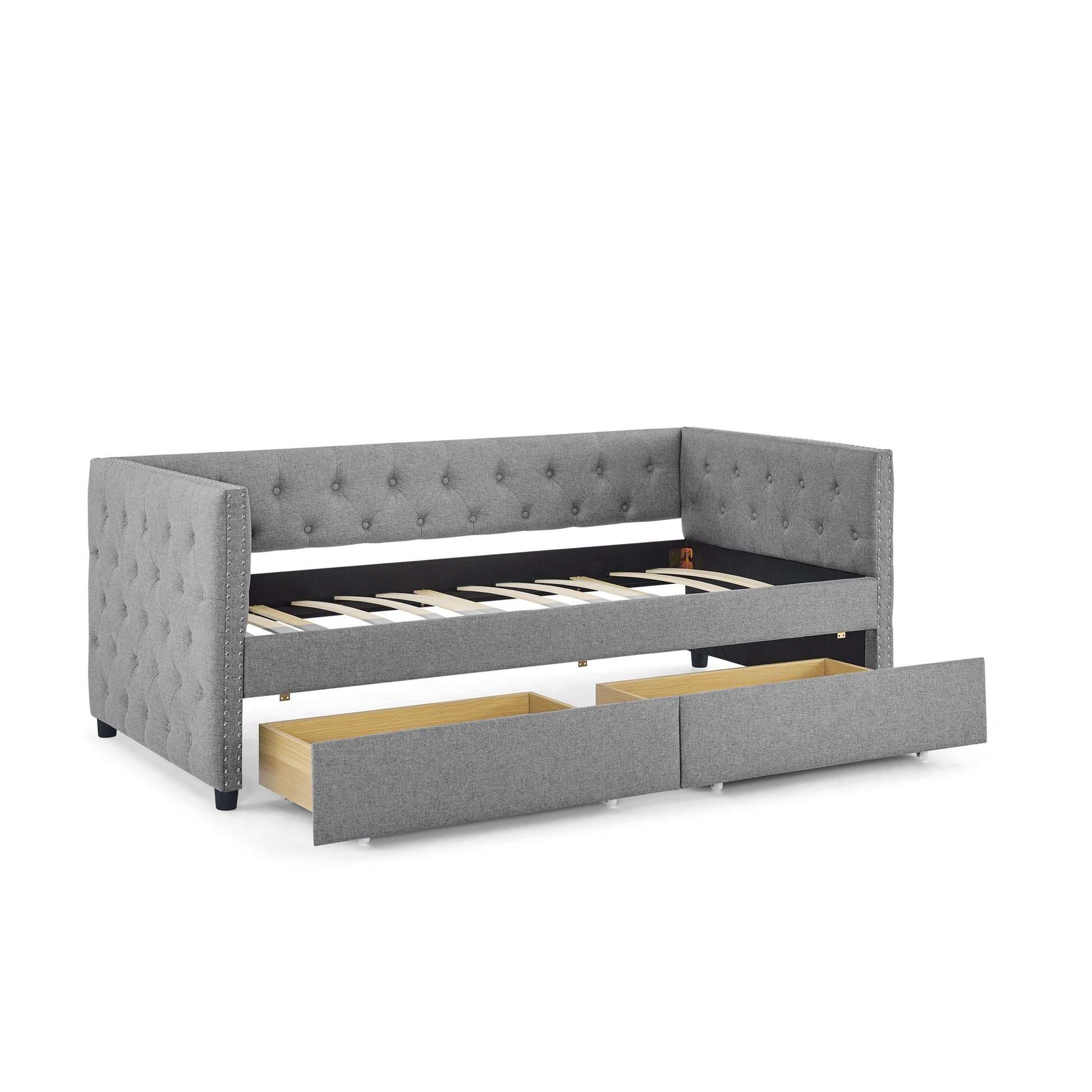 Upholstered Twin Size Daybed With Two Drawers, With Button And Copper Nail On Square Arms, Grey 82.75''X43''X30.75'' Box Spring Not Required Twin Grey Composite Bedroom Classic,Contemporary,Luxury,Modern,Traditional Linen Linen