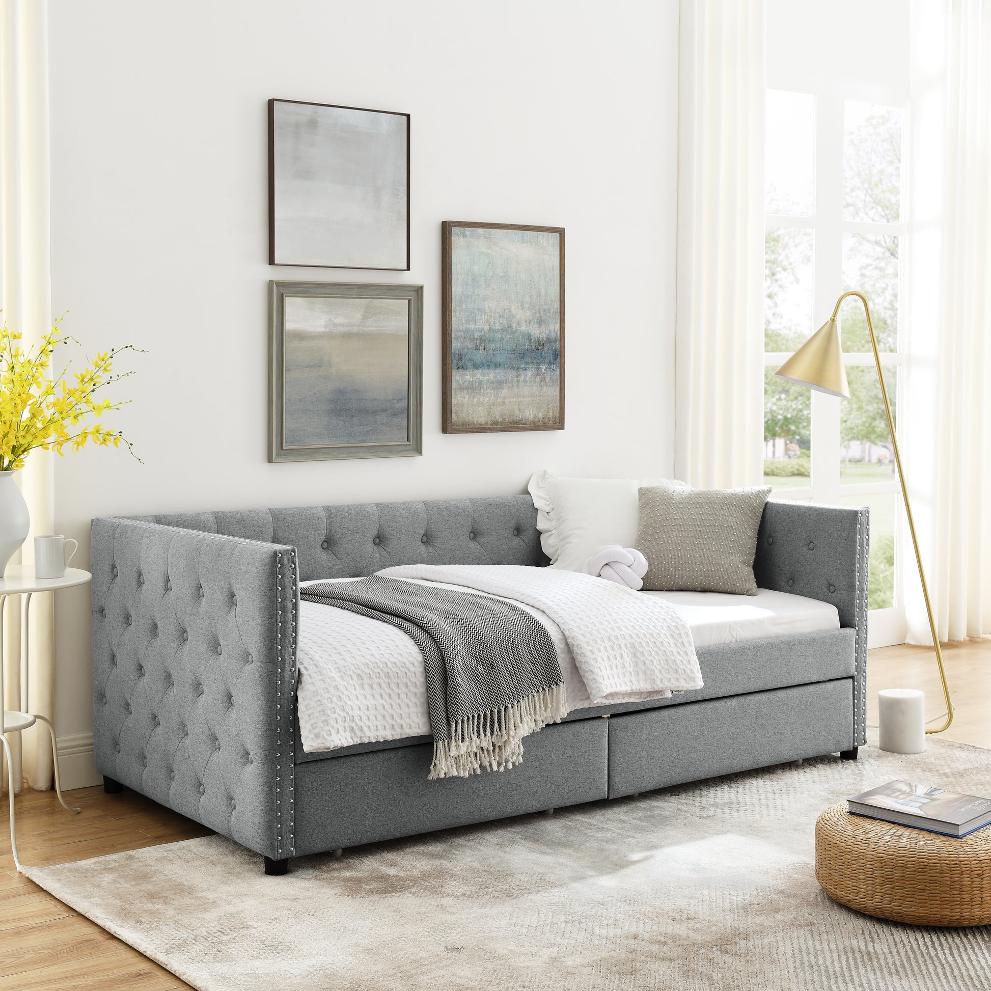 Upholstered Twin Size Daybed With Two Drawers, With Button And Copper Nail On Square Arms, Grey 82.75''X43''X30.75'' Box Spring Not Required Twin Grey Composite Bedroom Classic,Contemporary,Luxury,Modern,Traditional Linen Linen