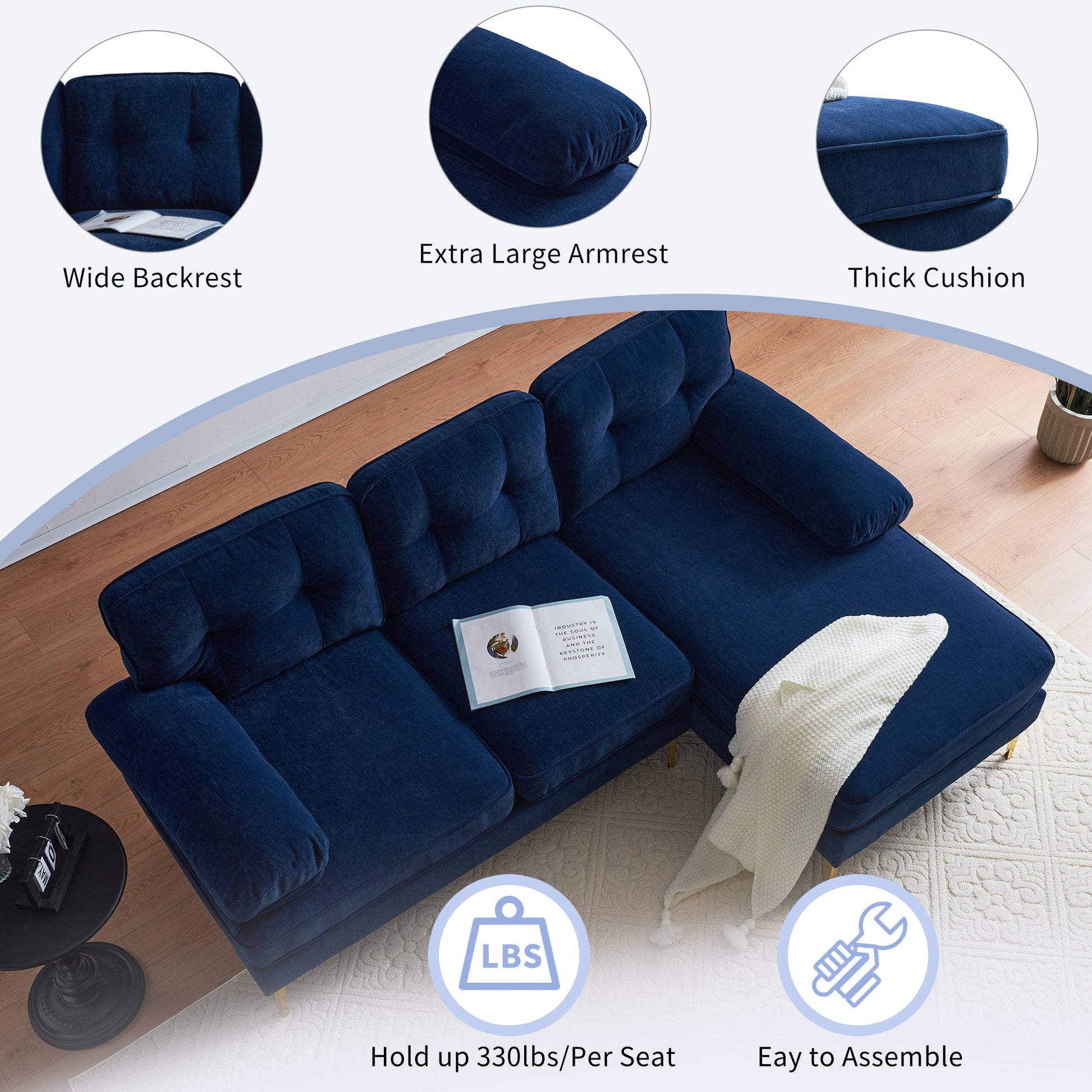 83" Modern Sectional Sofas Couches Velvet L Shaped Couches For Living Room, Bedroom, Blue Blue Foam Velvet