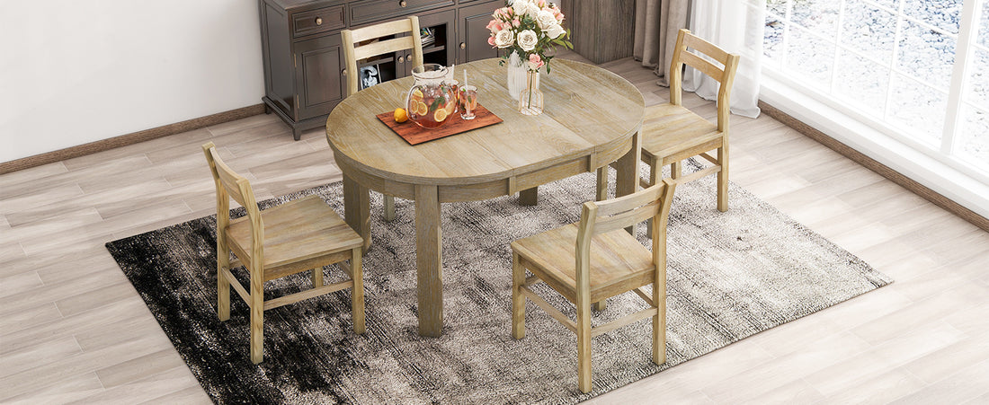 Farmhouse 5 Piece Extendable Round Dining Table Set With Storage Drawers And 4 Dining Chairs,16" Removable Leaf, Natural Wood Dining Room Extendable Rubberwood Round Dining Table With Chair Wood Wood Natural Ladder Back Seats 4 42 Inches Removable Leaf