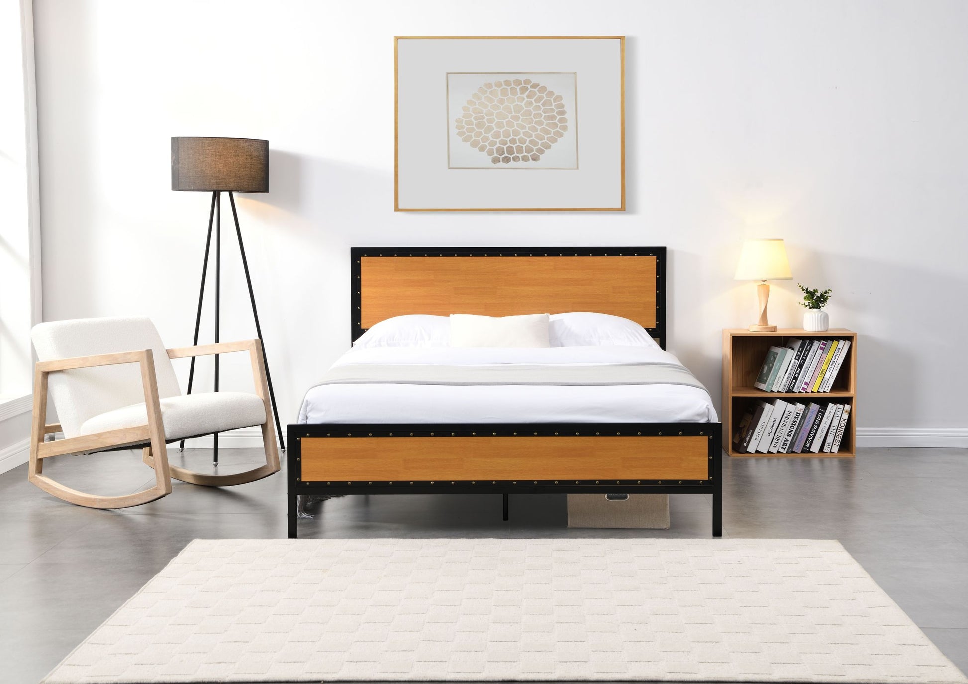 Industrial Platform Queen Bed Frame Mattress Foundation With Rustic Headboard And Footboard, Strong Steel Slat Support, No Box Spring Needed, Noise Free, Easy Assembly Brown Mdf Steel