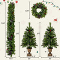 Pre Lit Xmas Tree Artificial Christmas 4 Piece Set,Garland, Wreath And Set Of 2 3Ft Entrance Trees X Mas With Led Lights, Christmas Tree Green Pvc