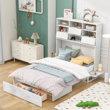 Queen Size Murphy Bed With Bookcase, Bedside Shelves And A Big Drawer, White White Solid Wood Mdf