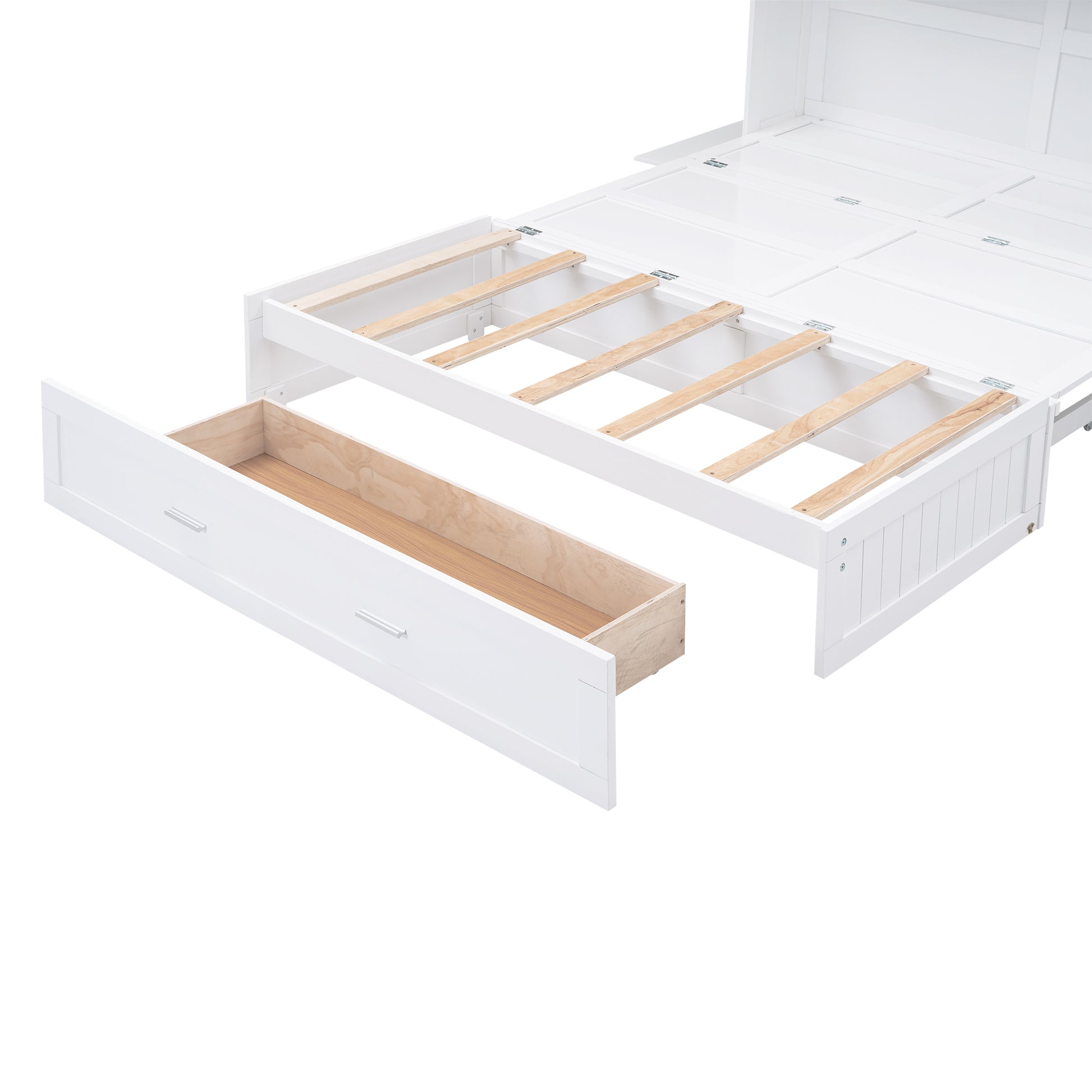 Queen Size Murphy Bed With Bookcase, Bedside Shelves And A Big Drawer, White White Solid Wood Mdf