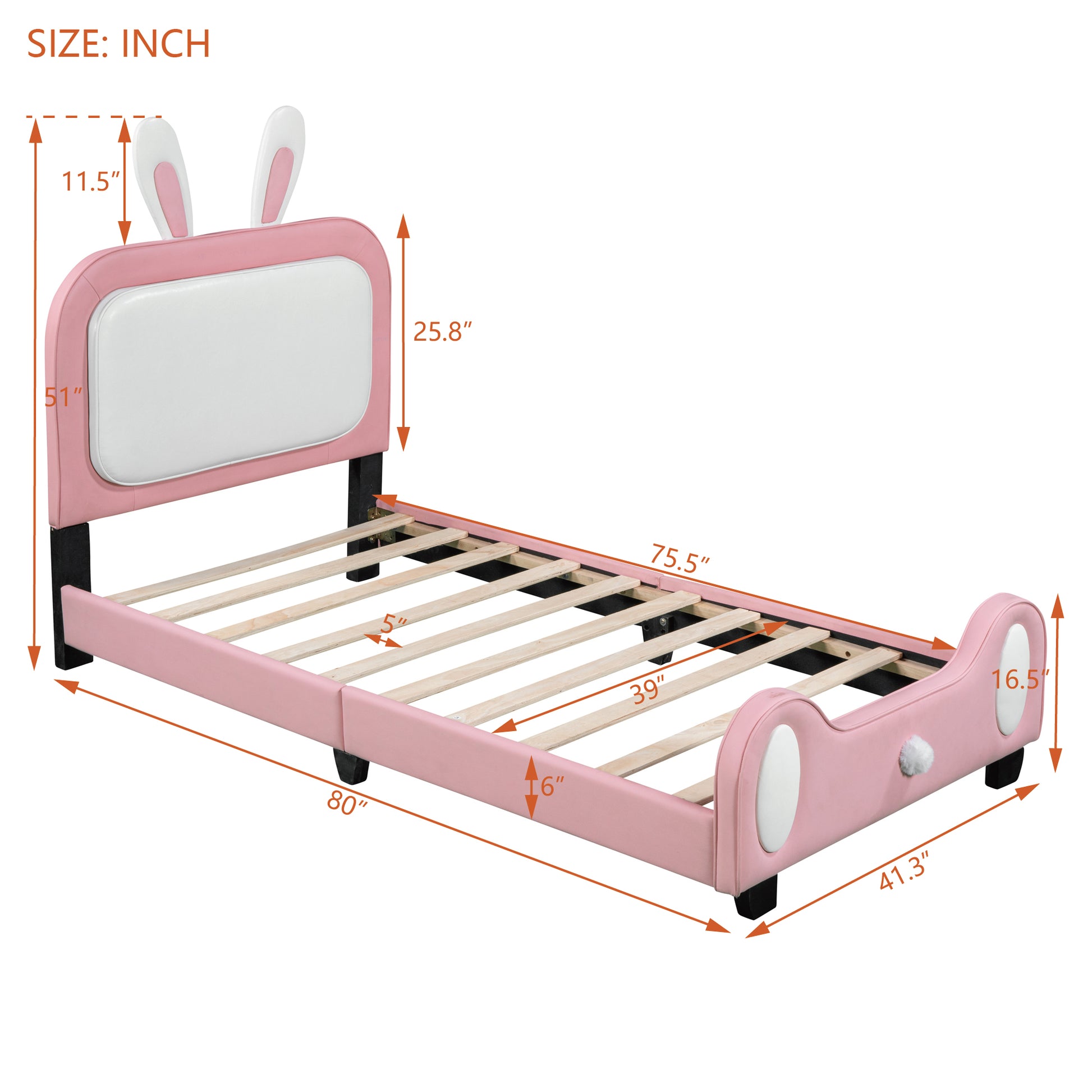 Twin Size Upholstered Rabbit Shape Princess Bed ,Twin Size Platform Bed With Headboard And Footboard,White Pink White Pink Pu