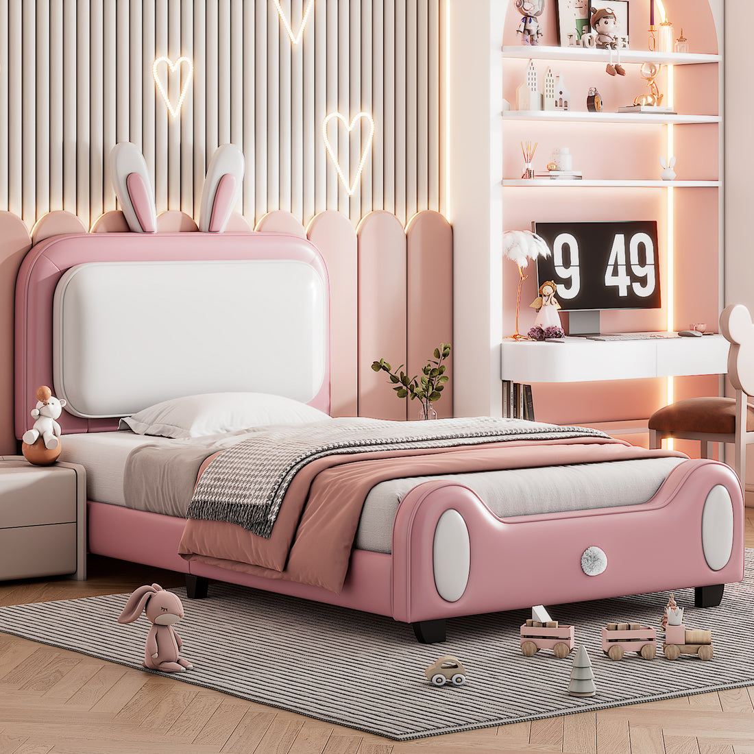 Twin Size Upholstered Rabbit Shape Princess Bed ,Twin Size Platform Bed With Headboard And Footboard,White Pink White Pink Pu