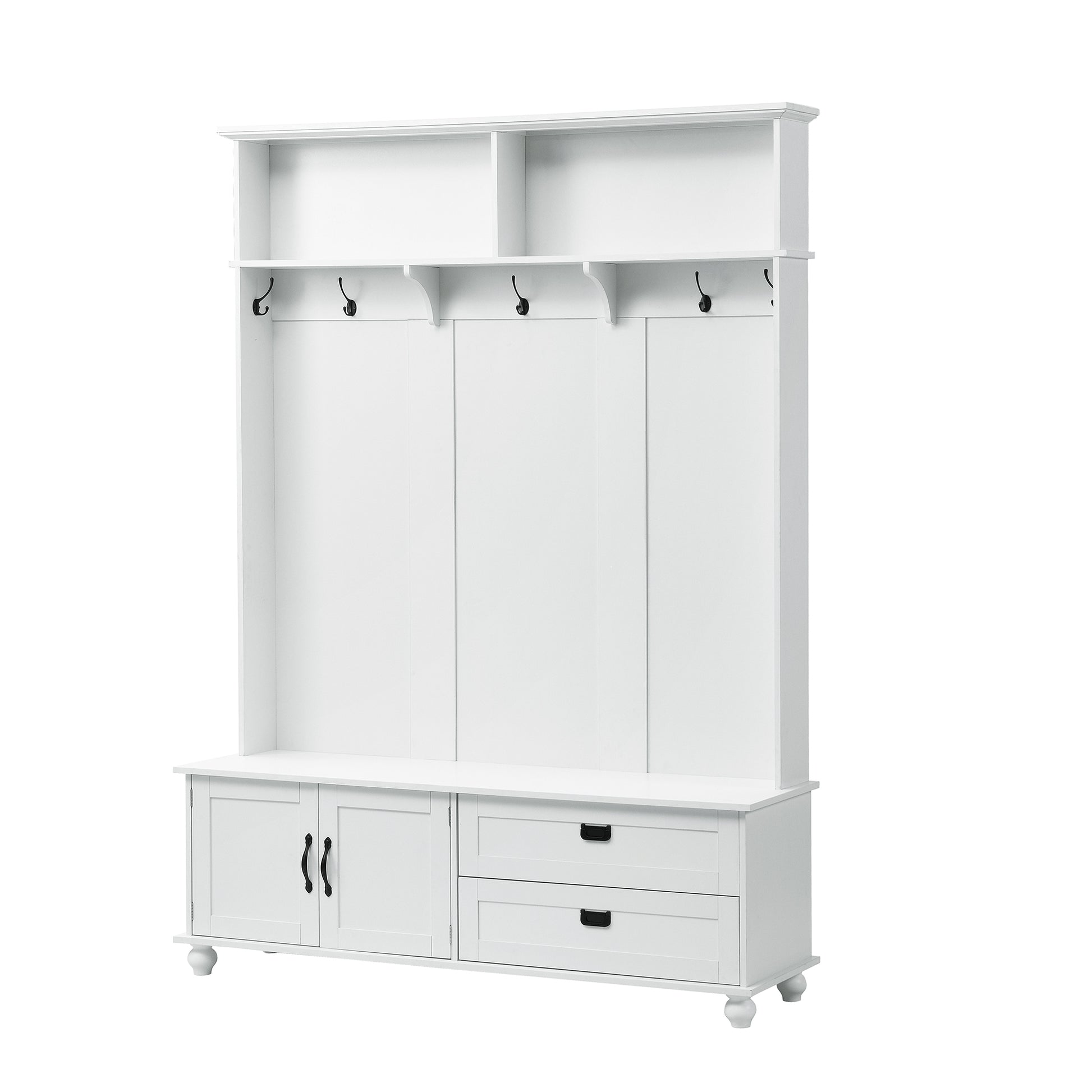 Modern Style Hall Tree With Storage Cabinet And 2 Large Drawers, Widen Mudroom Bench With 5 Coat Hooks, White White Primary Living Space Particle Board