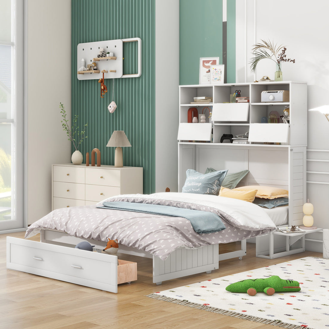Queen Size Murphy Bed With Bookcase, Bedside Shelves And A Big Drawer, White White Solid Wood Mdf