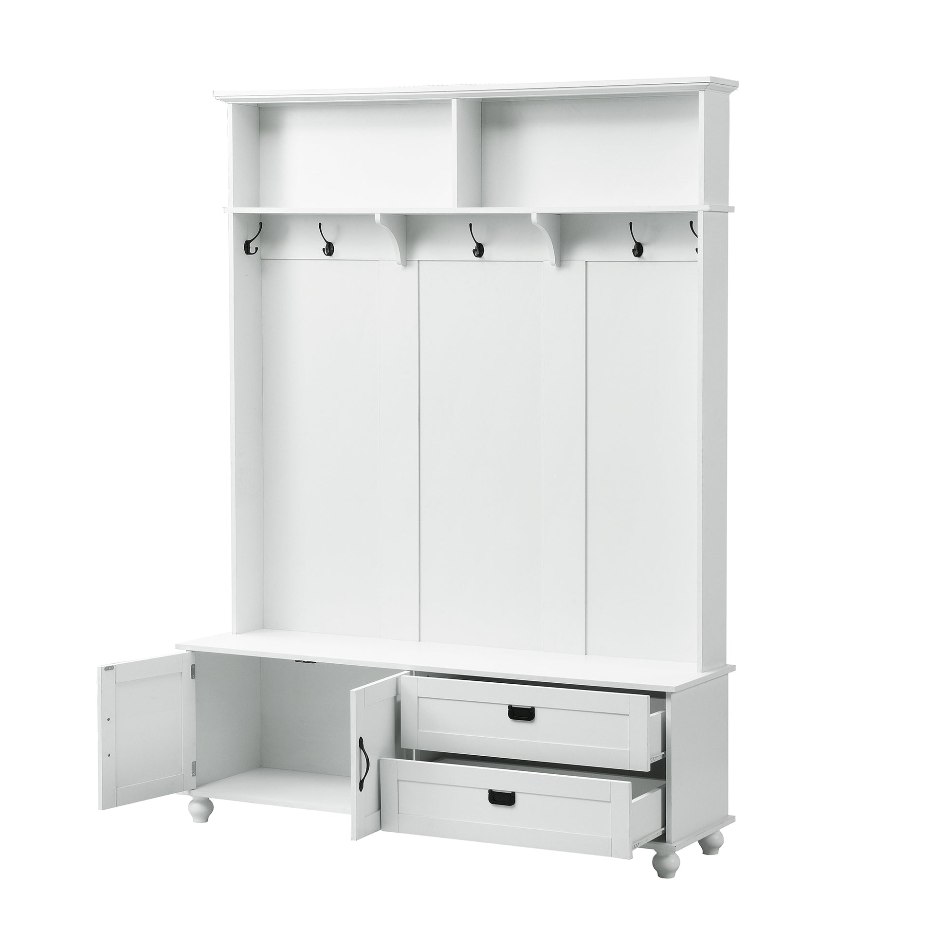 Modern Style Hall Tree With Storage Cabinet And 2 Large Drawers, Widen Mudroom Bench With 5 Coat Hooks, White White Primary Living Space Particle Board