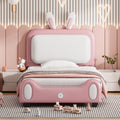 Twin Size Upholstered Rabbit Shape Princess Bed ,Twin Size Platform Bed With Headboard And Footboard,White Pink White Pink Pu