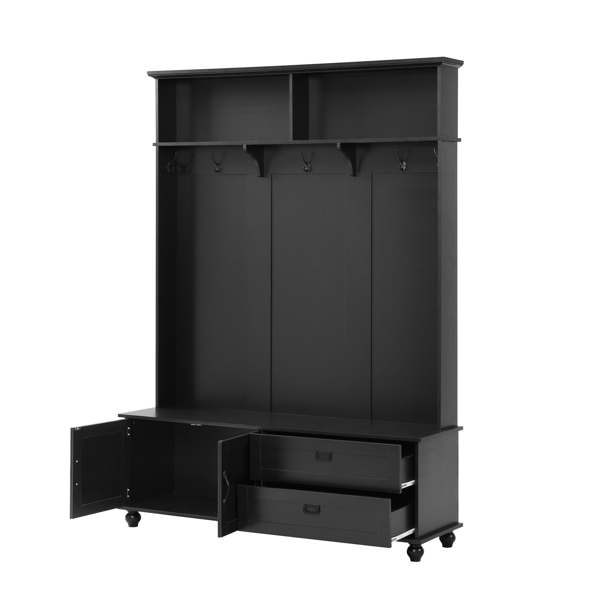 Modern Style Hall Tree With Storage Cabinet And 2 Large Drawers, Widen Mudroom Bench With 5 Coat Hooks, Black Black Primary Living Space Particle Board