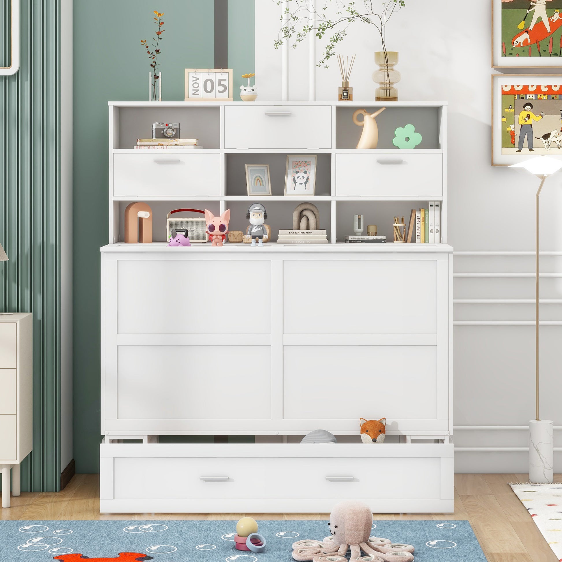 Queen Size Murphy Bed With Bookcase, Bedside Shelves And A Big Drawer, White White Solid Wood Mdf