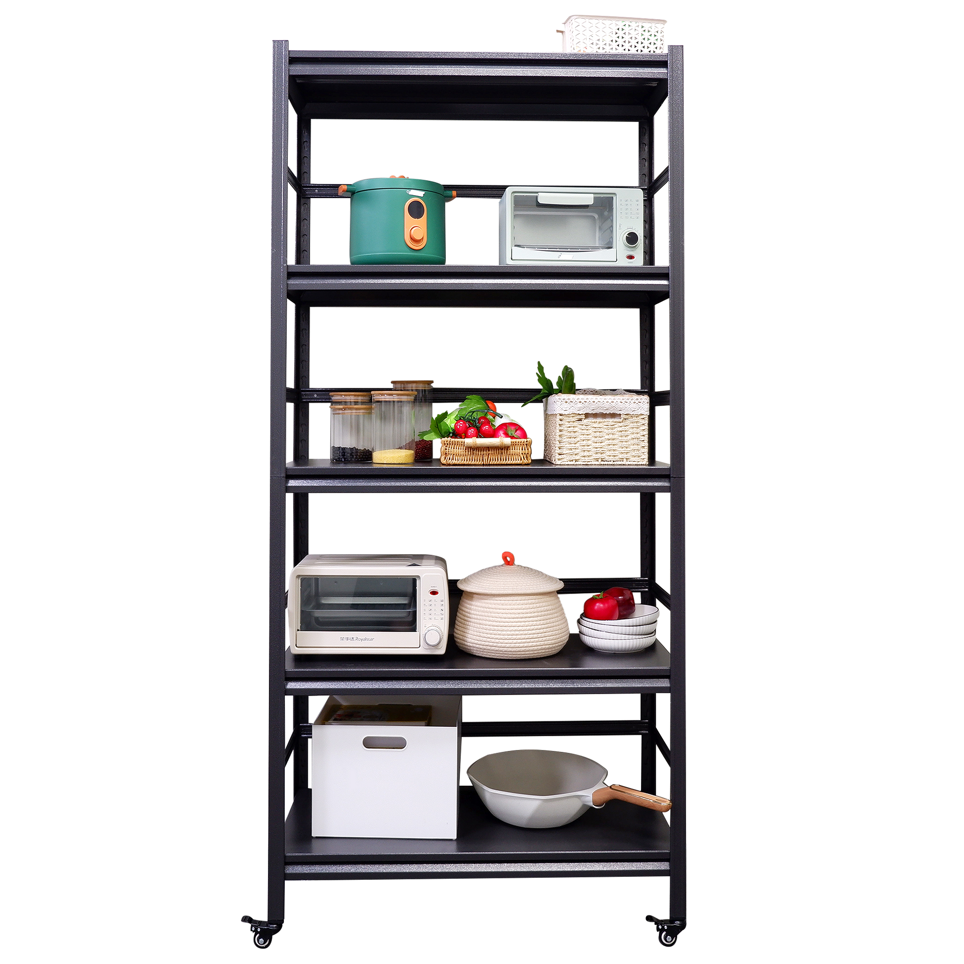 63"H Storage Shelves Heavy Duty Metal Shelving Unit Adjustable 5 Tier Pantry Shelves With Wheels Load 1750Lbs Kitchen Shelf Garage Storage 5 Black Standard Vertical Kitchen Open Back Metal Antique Adjustable Shelves Metal Metal