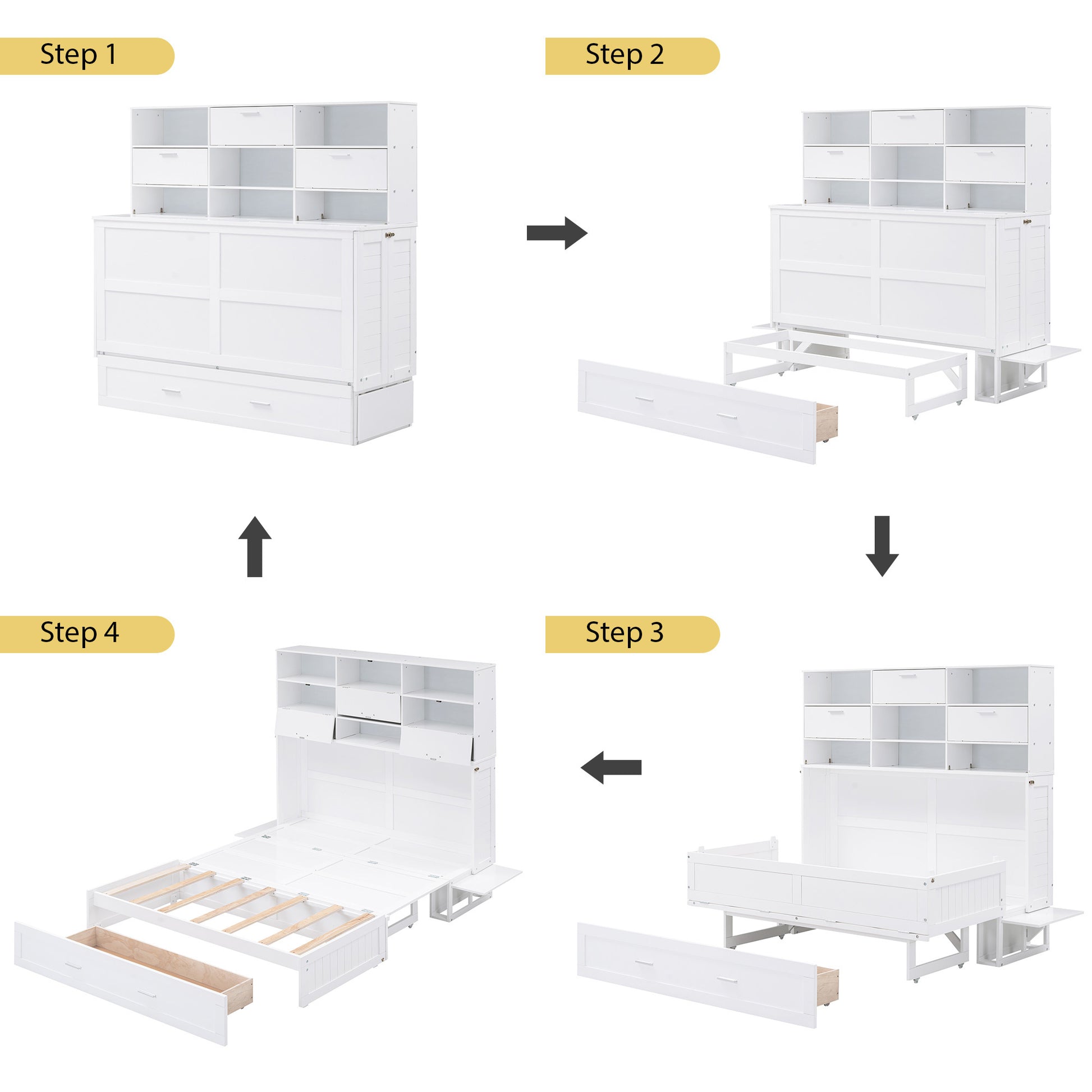 Queen Size Murphy Bed With Bookcase, Bedside Shelves And A Big Drawer, White White Solid Wood Mdf