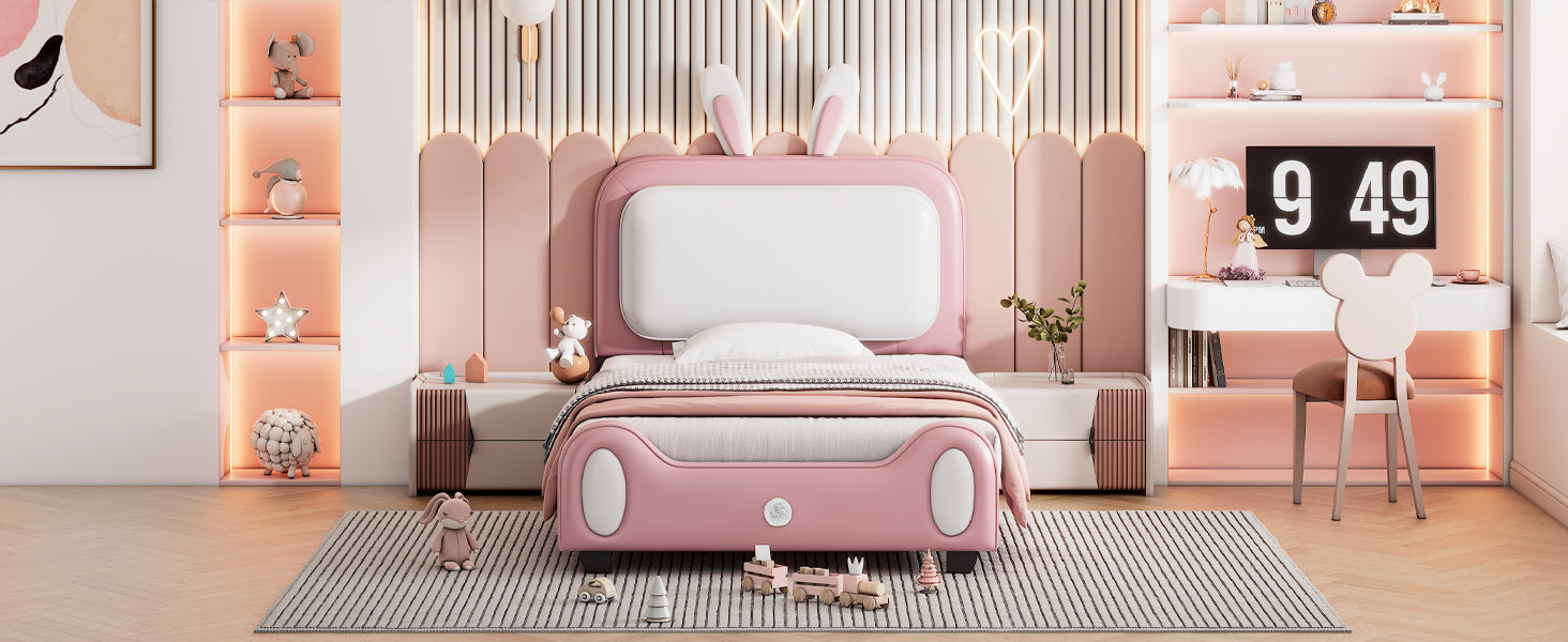 Twin Size Upholstered Rabbit Shape Princess Bed ,Twin Size Platform Bed With Headboard And Footboard,White Pink White Pink Pu