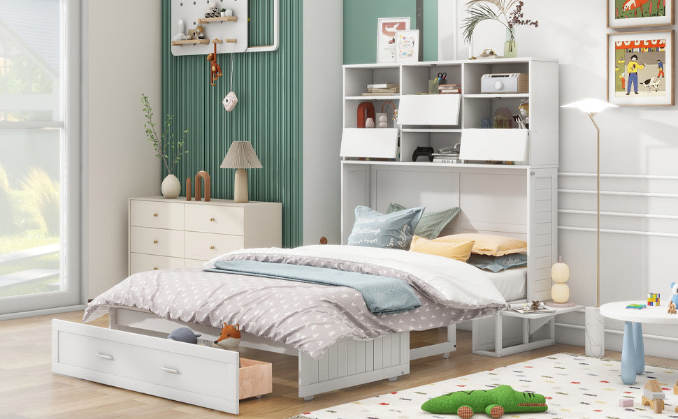 Queen Size Murphy Bed With Bookcase, Bedside Shelves And A Big Drawer, White White Solid Wood Mdf