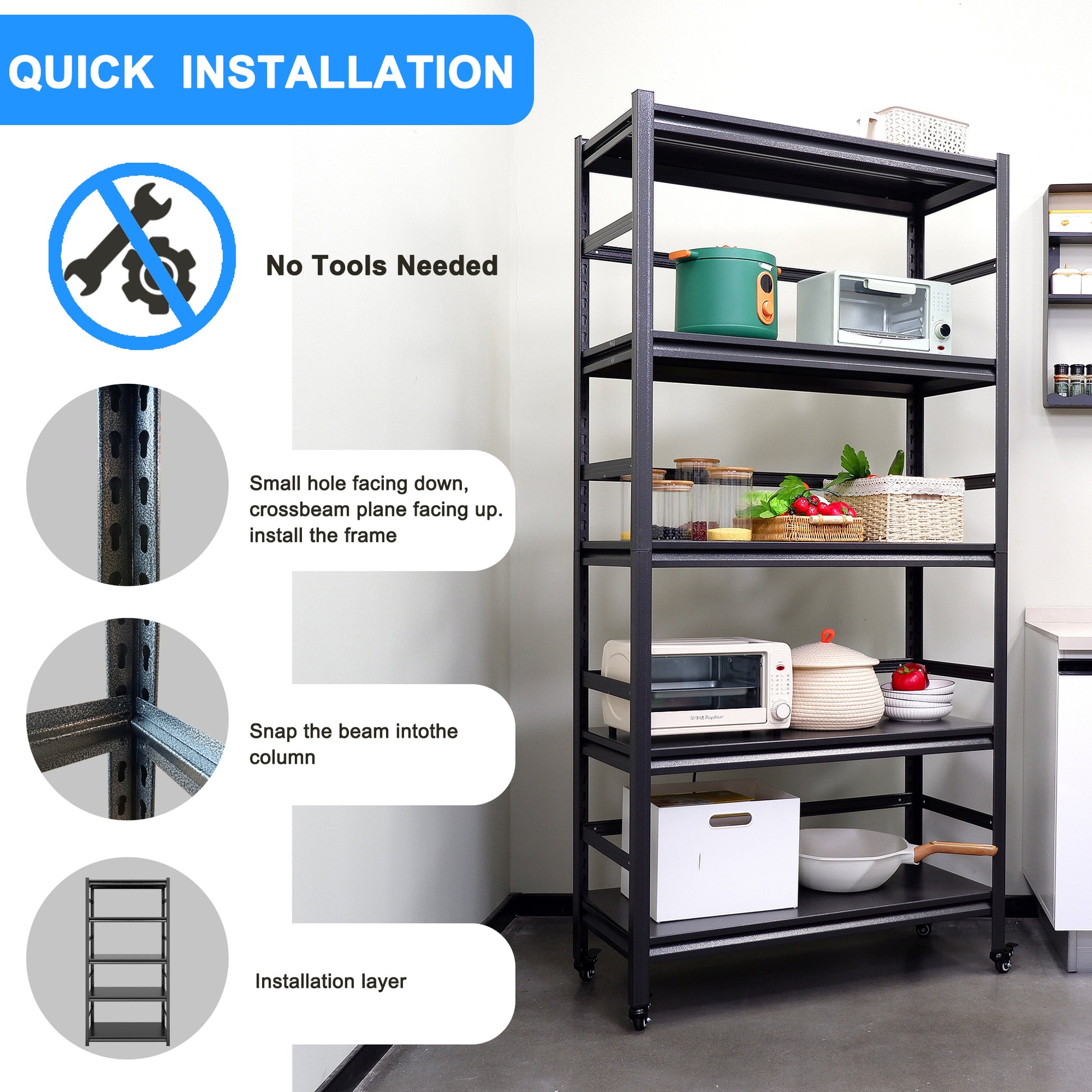 72"H Heavy Duty Storage Shelves Adjustable 5 Tier Metal Shelving Unit With Wheels For 1750Lbs Load Kitchen, Garage, Pantry, And More 5 Black Standard Vertical Kitchen Open Back Metal Antique Adjustable Shelves Metal Metal