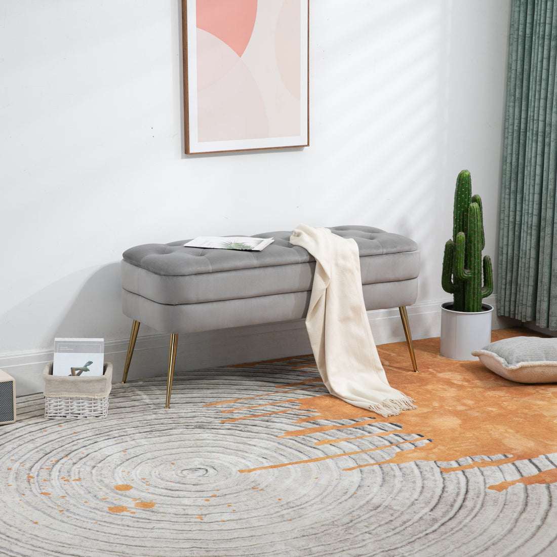 Coolmore Storage Ottoman, Bedroom End Bench,Upholstered Fabric Storage Ottoman With Safety Hinge, Entryway Padded Footstool, Ottoman Bench For Living Room & Bedroom Gray Velvet